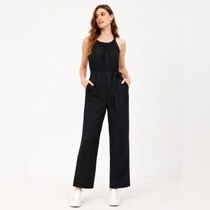 LOFT Sleeveless halter belted wide leg Jumpsuit linen blend black S